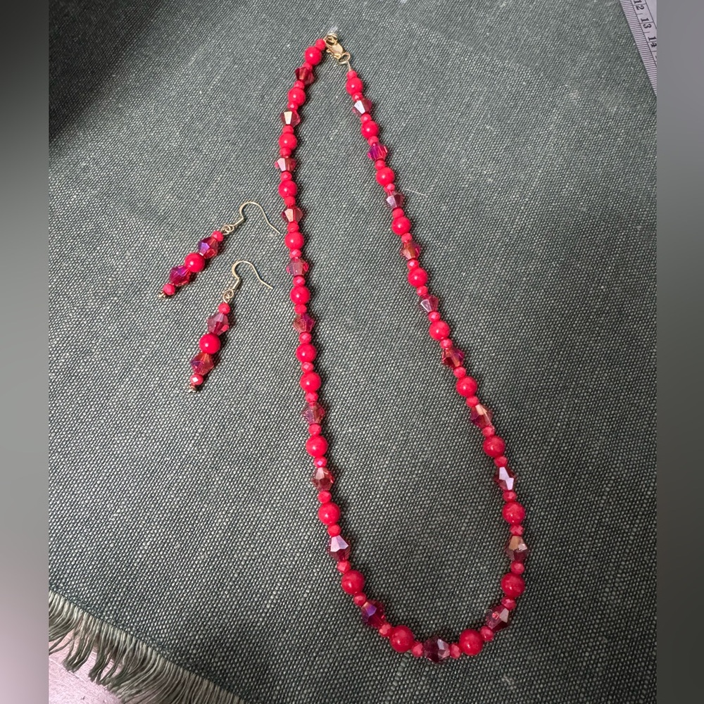 Handmade Faceted Red Glass Beaded Necklace and Earring Set